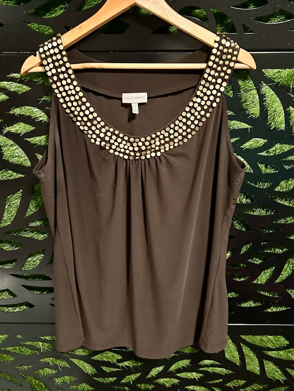 Fashion Bug Black Sleeveless Top with Gold Beaded Neckline, Women's 0x
